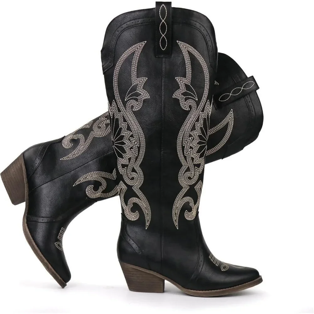 Women's Black Faux Leather Pointed Toe and Block Heel Classic Embroidered Boot